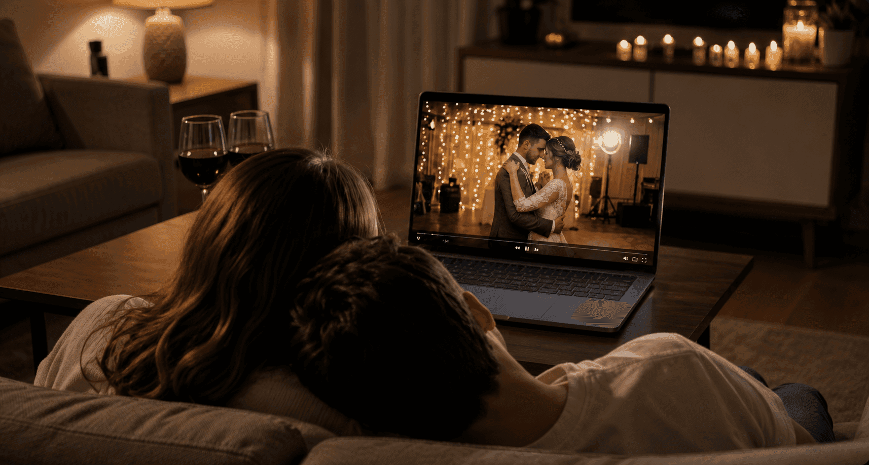 Couple rewatching their wedding film on a laptop through a Vyredo gallery