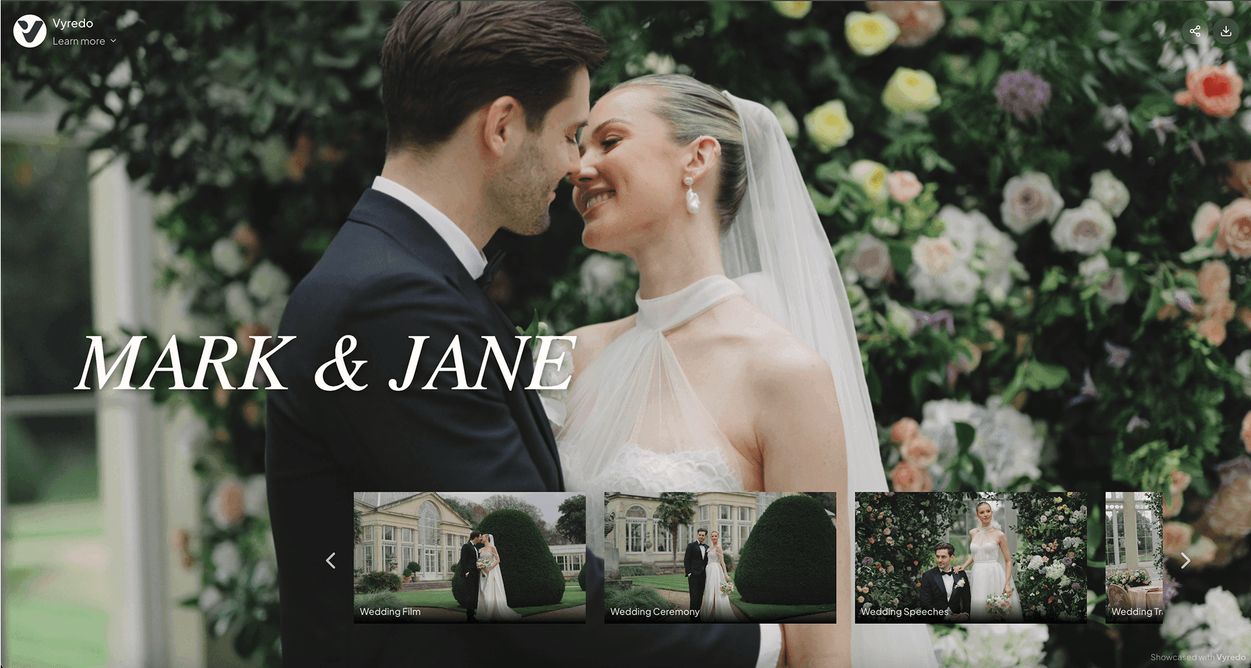 Collage of wedding film thumbnails inside a Vyredo client gallery