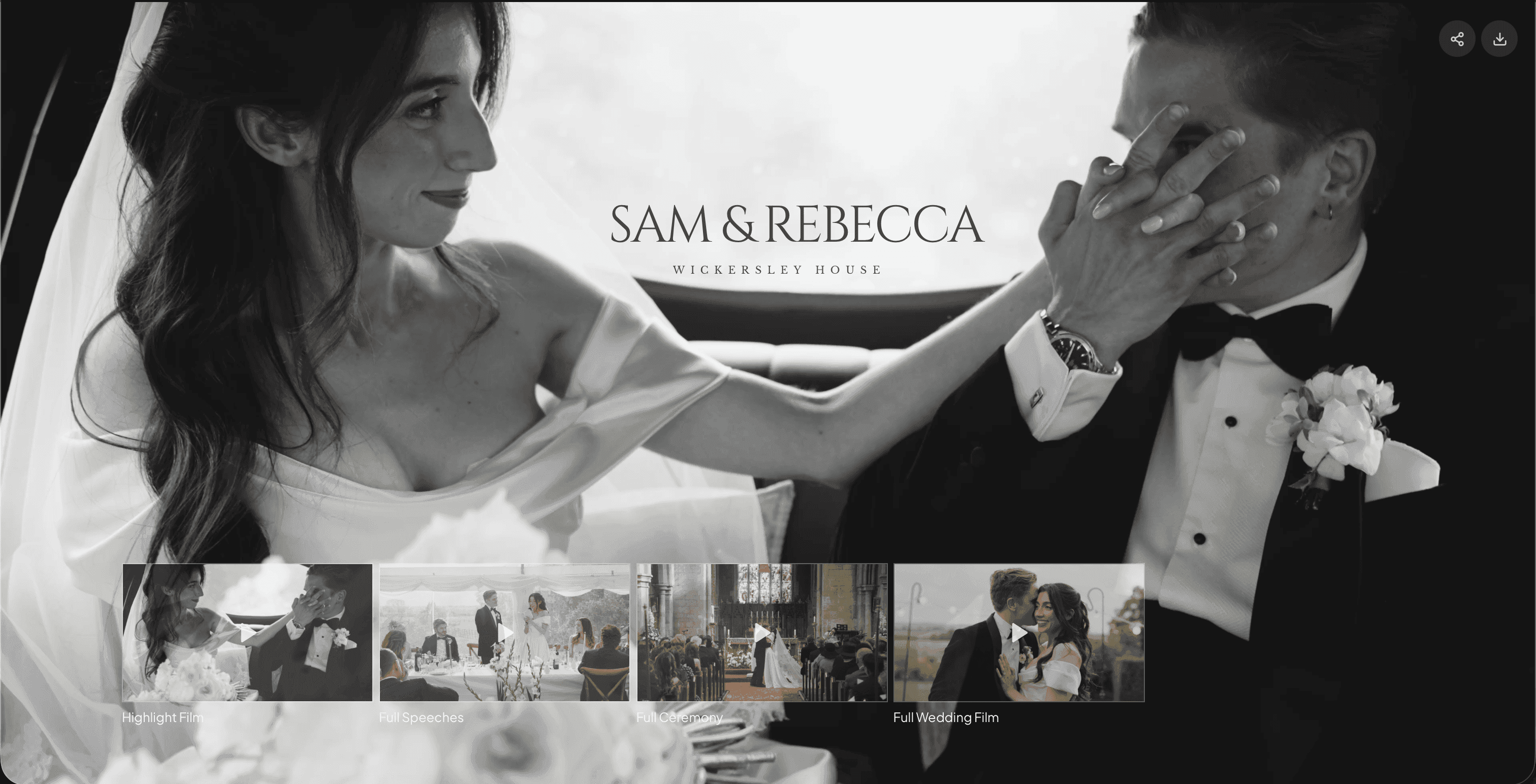 Cinematic wedding film gallery for Mark and Jane with Vyredo branding